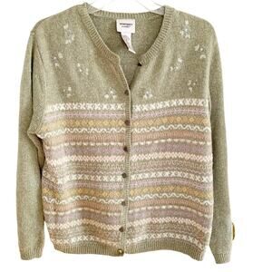 Monterey by Koret Vintage Celadon Green Embellished Fair Isle Cardigan Medium